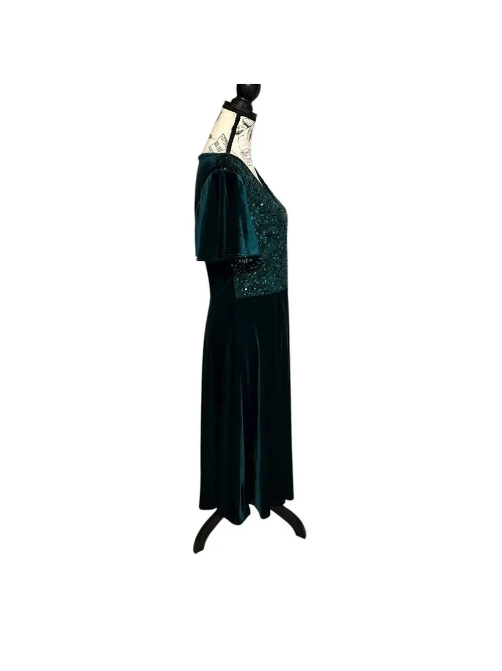 Elegant Green Velvet Dress Sequin Flutter Sleeves Size L - Picture 3 of 6